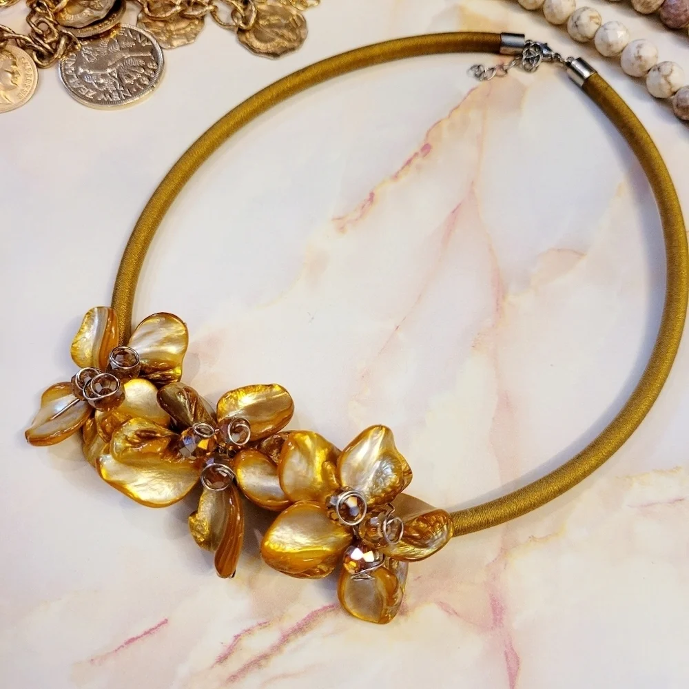 Vintage Handcrafted Golden Dahlia Flower Crystal Beaded Silk Statement N…